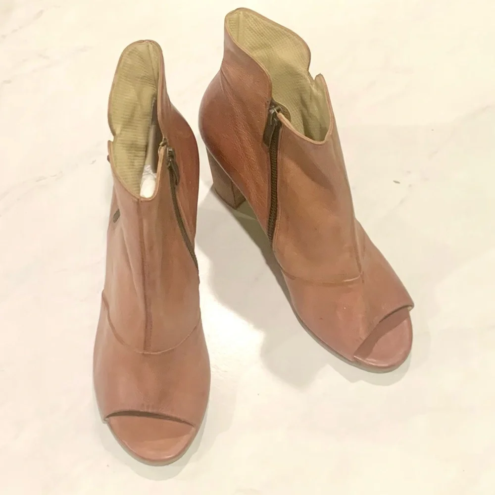 Paul Green Bellini Brown Leather Peep Toe Boot Block Heel Zipper - Picture 3 of 8
